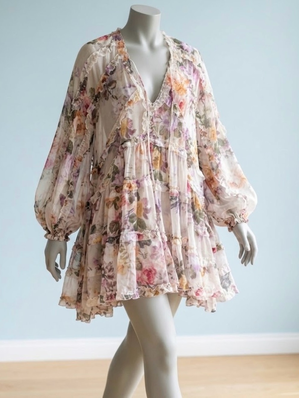 💕Zimmermann Cream Floral Tiered Mini Dress with Puff Sleeves💕